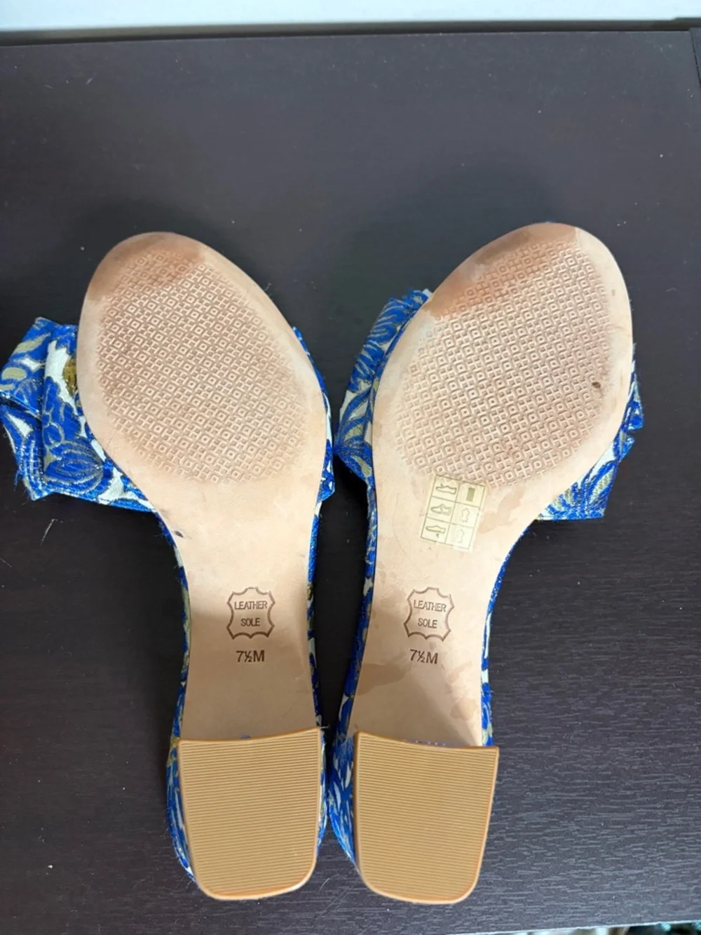 Tory Burch Valentina 45mm bow slide heels blue floral brocade logo Sz 7.5